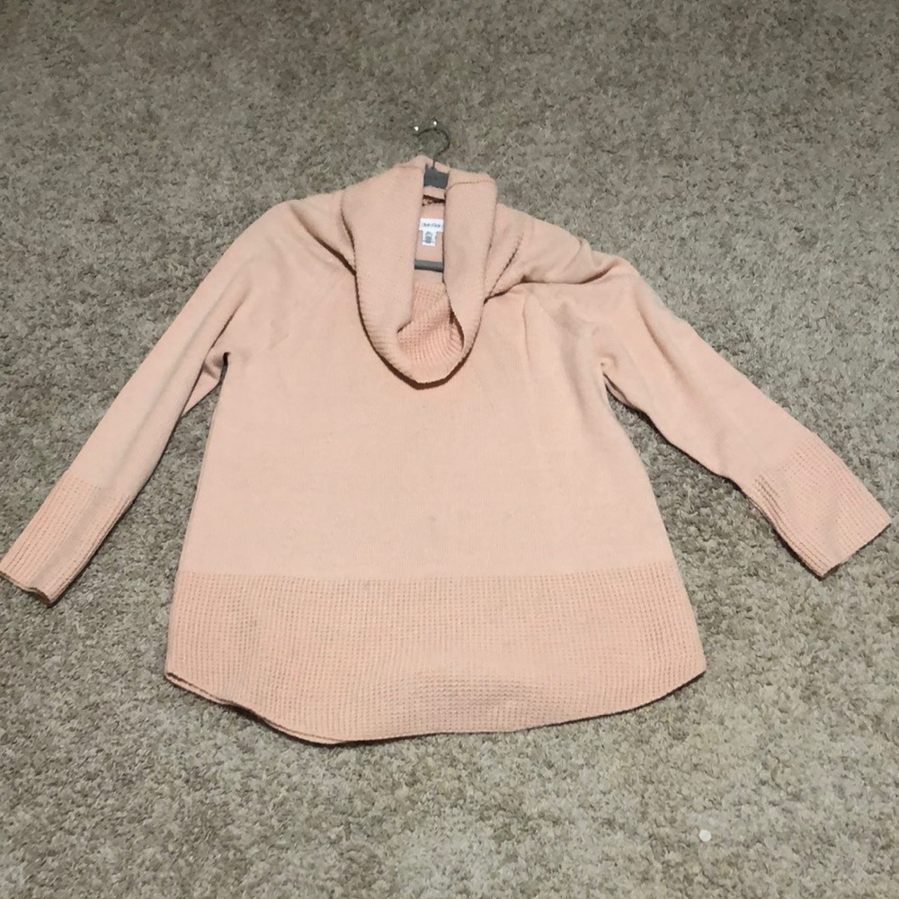 Very loved pink Calvin Klein cowl neck sweater with waffle knit trim, size XL